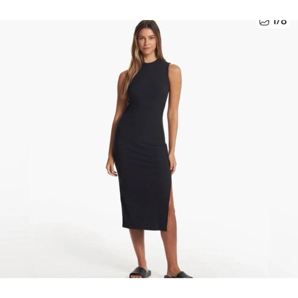 VUORI Womens Pose Sands Dress Size Lg Midi Sleeveless Black Ribbed Stretch VW613 - Picture 2 of 9